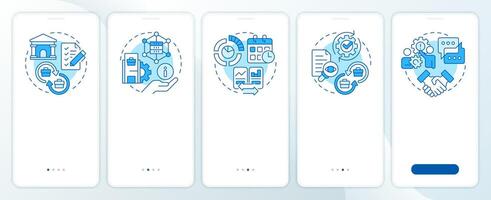 Intercompany accounting blue onboarding mobile app screen. Walkthrough 5 steps editable graphic instructions with linear concepts. UI, UX, GUI template vector