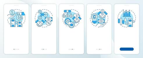 Intercompany transactions blue onboarding mobile app screen. Walkthrough 5 steps editable graphic instructions with linear concepts. UI, UX, GUI template vector