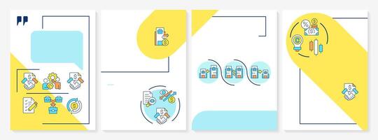 Intercompany transactions blue and yellow brochure template. Financial activities of business. Leaflet design with linear icons. Editable 4 layouts vector