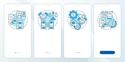 Intercompany transaction work blue onboarding mobile app screen. Walkthrough 4 steps editable graphic instructions with linear concepts. UI, UX, GUI template vector
