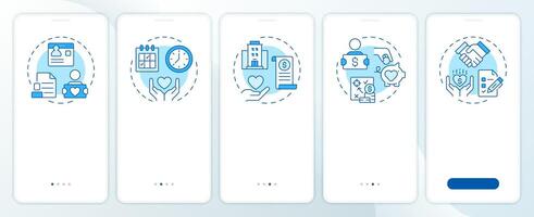 Volunteer activity tracking blue onboarding mobile app screen. Walkthrough 5 steps editable graphic instructions with linear concepts. UI, UX, GUI template vector