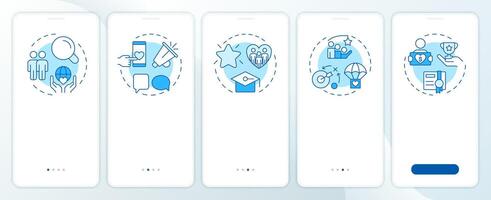 Volunteer management components blue onboarding mobile app screen. Walkthrough 5 steps editable graphic instructions with linear concepts. UI, UX, GUI template vector