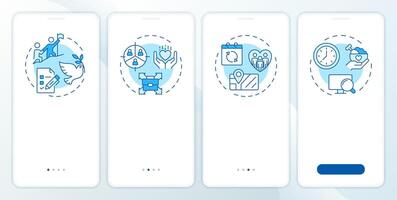 Volunteer management blue onboarding mobile app screen. VMS. Walkthrough 4 steps editable graphic instructions with linear concepts. UI, UX, GUI template vector