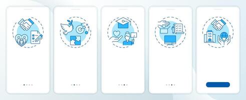 Volunteer program control blue onboarding mobile app screen. Walkthrough 5 steps editable graphic instructions with linear concepts. UI, UX, GUI template vector