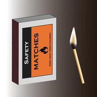 This image features a safety matchbox with an ignited matchstick, symbolizing fire, energy, and controlled ignition.The box has an orange and black design with a flame icon. vector