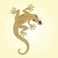 This digital illustration depicts a gecko capturing a fly in its mouth. The gecko is a small, agile reptile known for its sticky toe pads, allowing it to climb walls and ceilings effortlessly. vector