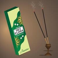 This image showcases a beautifully designed incense stick box labeled Dev Flora with a jasmine fragrance, accompanied by two burning incense sticks emitting fragrant smoke. vector