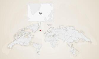 Map of Iceland with neighbor countries pinned on world map. vector