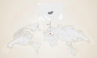 Map of Hungary with neighbor countries pinned on world map. vector