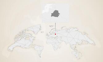 Map of Belarus with neighbor countries pinned on world map. vector