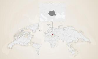 Map of Romania with neighbor countries pinned on world map. vector