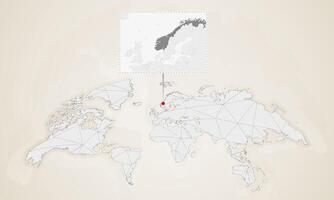 Map of Norway with neighbor countries pinned on world map. vector