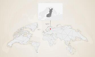 Map of Finland with neighbor countries pinned on world map. vector