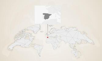 Map of Spain with neighbor countries pinned on world map. vector