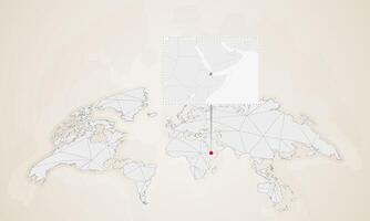 Map of Djibouti with neighbor countries pinned on world map. vector