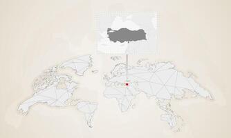 Map of Turkey with neighbor countries pinned on world map. vector