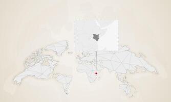 Map of Kenya with neighbor countries pinned on world map. vector