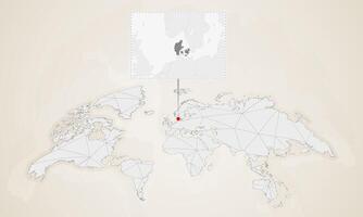 Map of Denmark with neighbor countries pinned on world map. vector