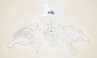 Map of Latvia with neighbor countries pinned on world map. vector