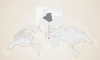 Map of Algeria with neighbor countries pinned on world map. vector