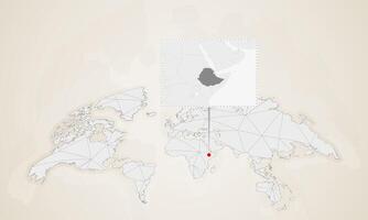 Map of Ethiopia with neighbor countries pinned on world map. vector