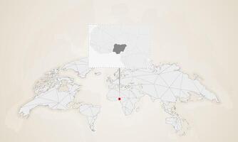 Map of Nigeria with neighbor countries pinned on world map. vector