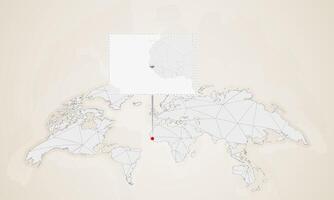 Map of Guinea-Bissau with neighbor countries pinned on world map. vector