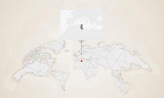 Map of Tunisia with neighbor countries pinned on world map. vector