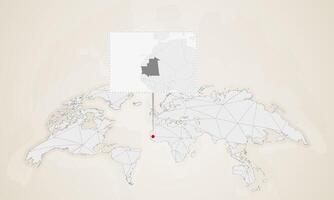 Map of Mauritania with neighbor countries pinned on world map. vector