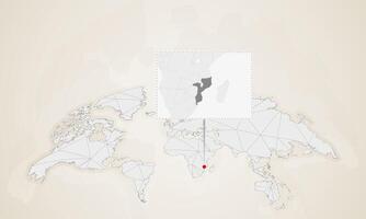 Map of Mozambique with neighbor countries pinned on world map. vector