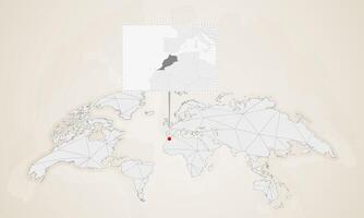 Map of Morocco with neighbor countries pinned on world map. vector