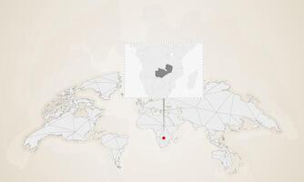 Map of Zambia with neighbor countries pinned on world map. vector