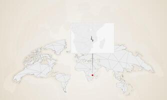 Map of Malawi with neighbor countries pinned on world map. vector
