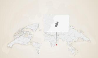Map of Madagascar with neighbor countries pinned on world map. vector