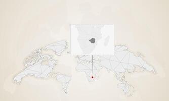 Map of Zimbabwe with neighbor countries pinned on world map. vector
