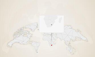 Map of Lesotho with neighbor countries pinned on world map. vector