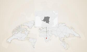 Map of DR Congo with neighbor countries pinned on world map. vector