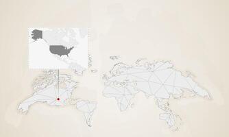 Map of USA with neighbor countries pinned on world map. vector