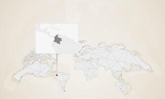 Map of Colombia with neighbor countries pinned on world map. vector