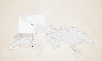Map of Costa Rica with neighbor countries pinned on world map. vector