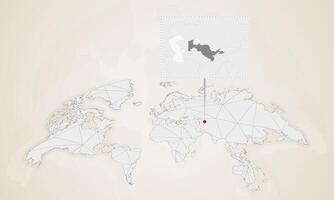 Map of Uzbekistan with neighbor countries pinned on world map. vector