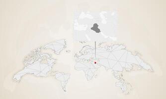 Map of Iraq with neighbor countries pinned on world map. vector