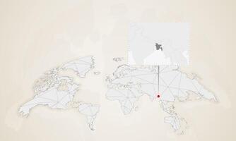 Map of Bangladesh with neighbor countries pinned on world map. vector