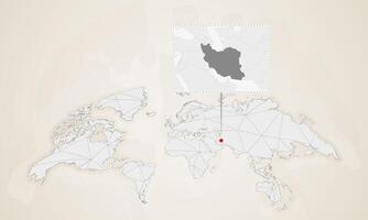 Map of Iran with neighbor countries pinned on world map. vector