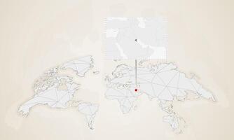 Map of Kuwait with neighbor countries pinned on world map. vector