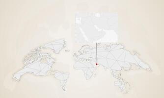 Map of Bahrain with neighbor countries pinned on world map. vector