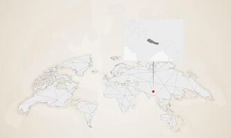 Map of Nepal with neighbor countries pinned on world map. vector