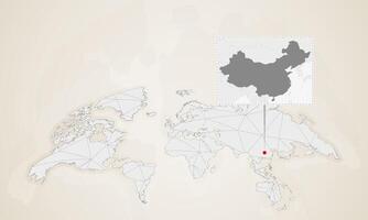 Map of China with neighbor countries pinned on world map. vector