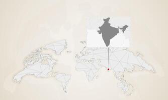 Map of India with neighbor countries pinned on world map. vector