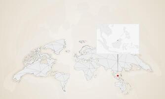 Map of Brunei with neighbor countries pinned on world map. vector